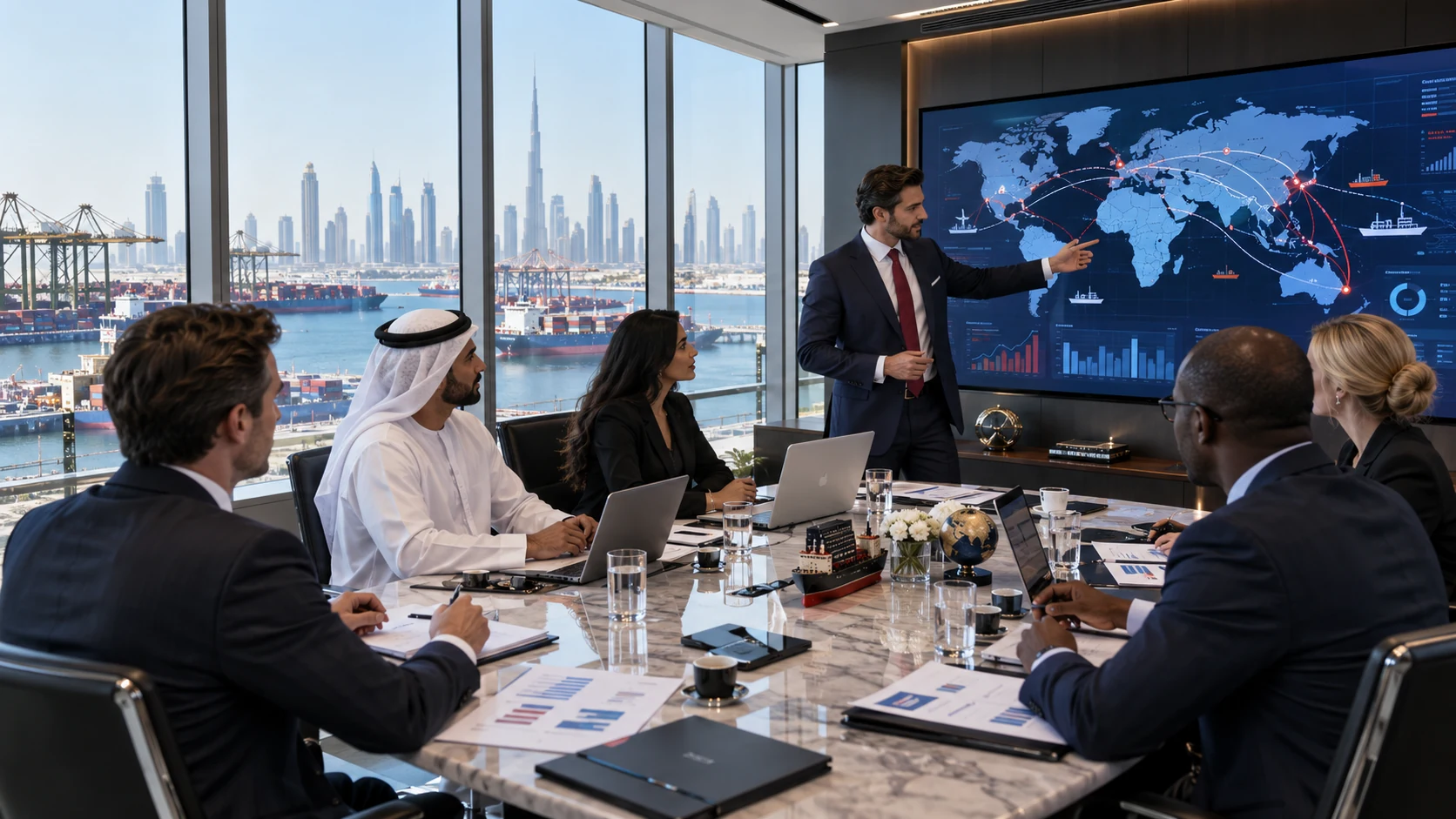 Business consultants discussing international cargo and trade